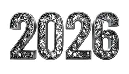Metallic year 2026, ornate design, isolated against black