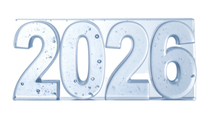 Transparent ice-like numbers form the year 2026