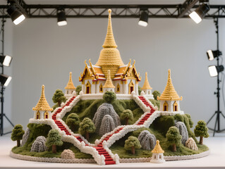 A refined crochet 3D model landscape diorama of Wat Phra That Doi Suthep, Thailand