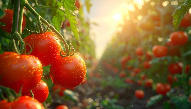 Close-up of vibrant red, ripe tomatoes dripping with water droplets, growing on vines in a sunlit field, ready for harvest