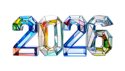 Jeweled 2026 rendering. Stylized, geometric digits in a colorful mosaic style