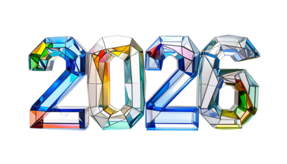 Jeweled 2026 rendering. Stylized, geometric digits in a colorful mosaic style
