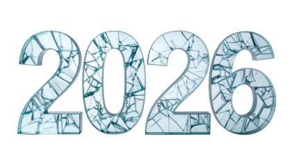 Digitized "2026" year, appearing to be made of shattered, icy glass