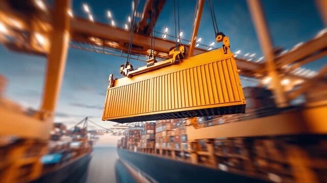 Shipping Container Lift: A high-angle shot captures the precise moment a shipping container is hoisted by a towering crane at a bustling port, showcasing the intricate interplay of global trade.