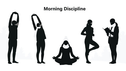 People practicing morning discipline in various yoga and exercise poses