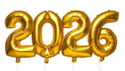 Shiny gold foil balloons form the number 2026, on a black backdrop