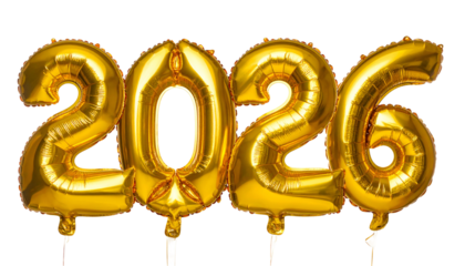 Shiny gold foil balloons form the number 2026, on a black backdrop