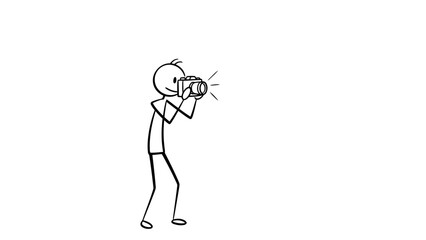Focused Stick Figure Holding Camera and Taking Picture on Isolated White Background