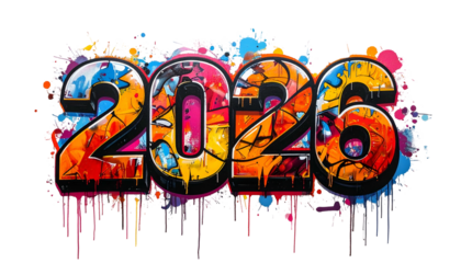 Graffiti-style "2026" with colorful splatters and drip effects