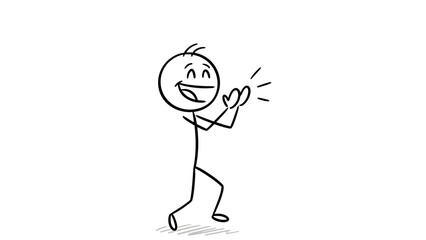 Happy Stick Figure Man Clapping Hands, Applauding with Appreciation on Isolated White Background