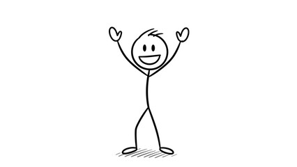 Excited Stick Figure Man Raising Arms in Celebration, Cheering Happily on Isolated White Background