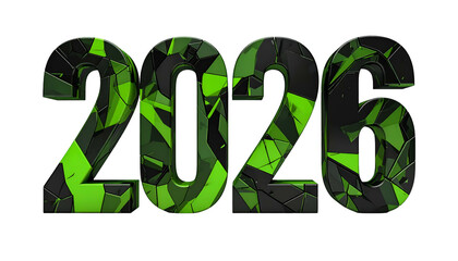 2026 rendered in 3D, shattered with green and black segments on black