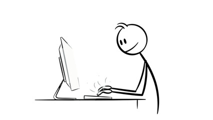 Focused Stick Figure Man Working on Laptop, Typing with Concentration in an Office Setting on Isolated White Background