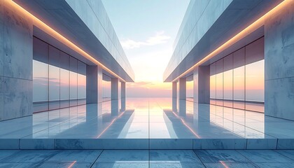 Modern architectural interior showcasing a symmetrical design with mirrored surfaces, glass walls, and a sunset view