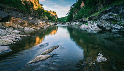 landscape View of a Scenic River Flowing Through a Rocky Canyon Gorge, Lush Greenery on Steep Cliffs
