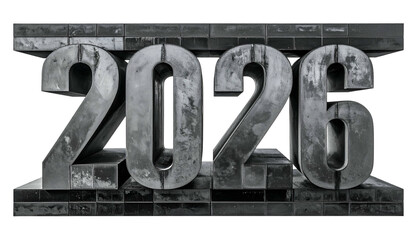 Monumental, textured metal numerals "2026" on a dark background
