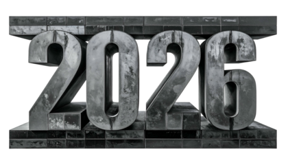 Monumental, textured metal numerals "2026" on a dark background