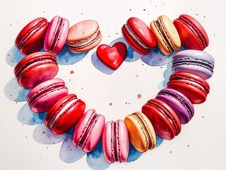 Red and pink macarons arranged in heart shape painting art design watercolor illustration on plain white background