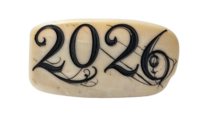 Close-up of ornate, black, vintage-styled numbers "2026" on a light tablet