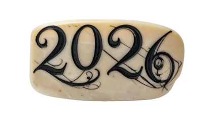 Close-up of ornate, black, vintage-styled numbers "2026" on a light tablet