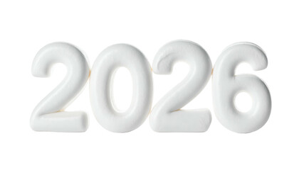 Shiny white 2026 font, raised against a stark black background