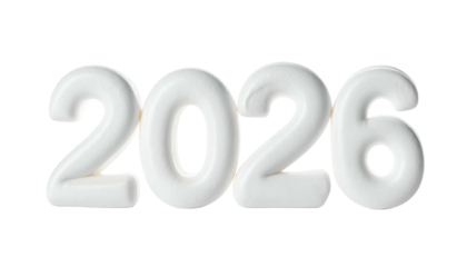 Shiny white 2026 font, raised against a stark black background
