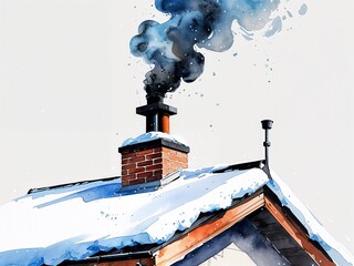 Snow covered roof with chimney and smoke curling upward painting art design watercolor illustration on plain white background