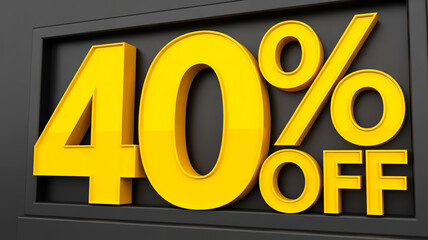 A 3D rendered sale sign with bright yellow text on a black background.