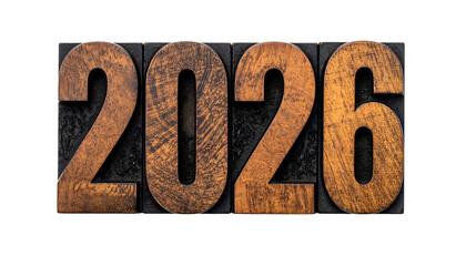 Wooden numbers 2026 printed on black background, celebrating a future year