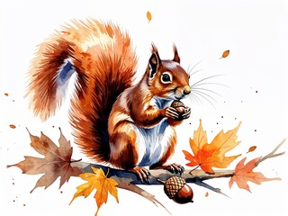 Fototapeta premium Squirrel with brown fur holding acorn on fallen leaves painting art design watercolor illustration on plain white background