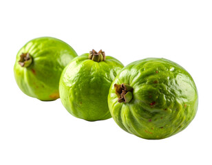 Three vibrant green round fruits in a row, with textured skin and stems