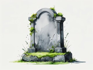Tombstone with gray stone texture and mossy green patches painting art design watercolor illustration on plain white background