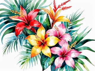 Tropical flowers in red yellow and pink with green leaves painting art design watercolor illustration on plain white background