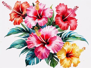 Tropical hibiscus flowers in red pink and yellow painting art design watercolor illustration on plain white background