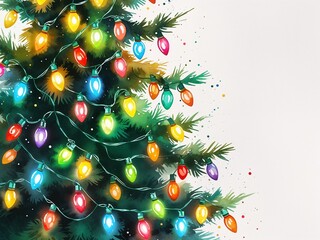 Twinkling multicolor Christmas lights draped on green tree painting art design watercolor illustration on plain white background