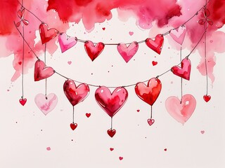 Valentine greeting banner in red and pink hanging painting art design watercolor illustration on plain white background