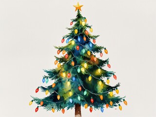 Twinkling multicolor Christmas lights draped on green tree painting art design watercolor illustration on plain white background