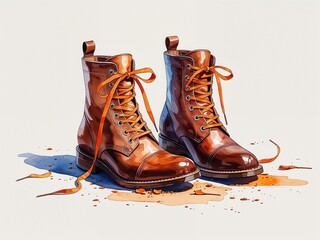 Warm brown leather boots with orange laces on ground painting art design watercolor illustration on plain white background