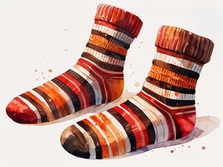 Warm knitted socks in red orange and brown stripes painting art design watercolor illustration on plain white background