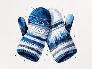 Warm mittens in blue white and gray knitted patterns painting art design watercolor illustration on plain white background