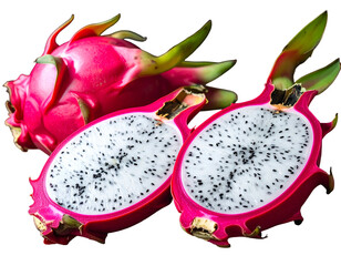 Vibrant dragon fruit, whole and halved, showcasing black seeds