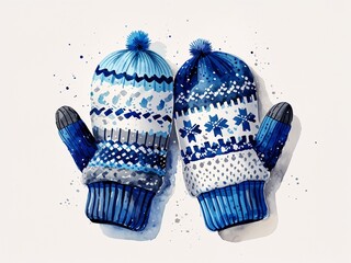 Warm mittens in blue white and gray knitted patterns painting art design watercolor illustration on plain white background