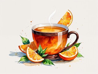 Warm tea in brown cup with orange slices painting art design watercolor illustration on plain white background