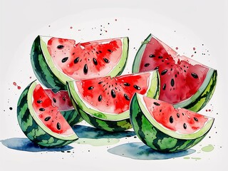 Watermelon slices with red flesh black seeds and green rind painting art design watercolor illustration on plain white background