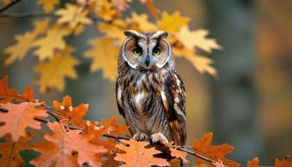 An alert long-eared owl with striking yellow eyes perches gracefully on a branch adorned with vibrant orange and yellow autumn leaves, gazing intently forward in its natural habitat.