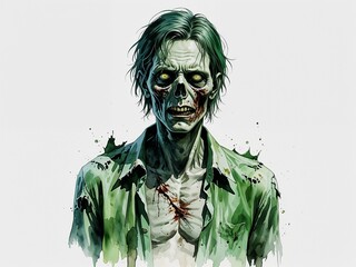 Zombie figure with torn green clothes and grayish skin painting art design watercolor illustration on plain white background