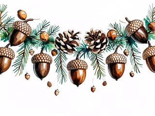 Acorn and pinecone garland in brown and beige hanging painting art design watercolor illustration on plain white background