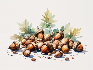 Acorns with brown caps and light brown nuts scattered on ground painting art design watercolor illustration on plain white background