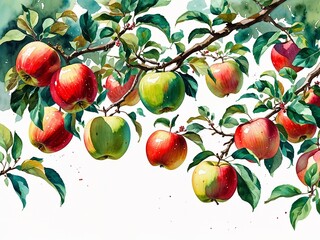 Apple orchard with red and green apples hanging from branches painting art design watercolor illustration on plain white background