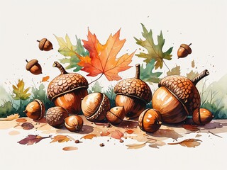 Autumn acorns and chestnuts scattered on forest floor painting art design watercolor illustration on plain white background